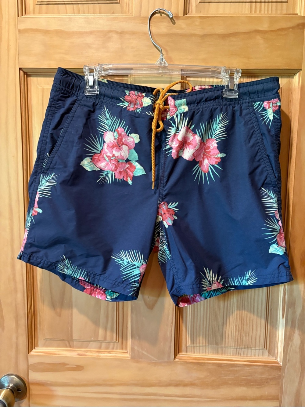 J. Crew Navy Swim Trunks with Pink Floral Print - Picture 1 of 11